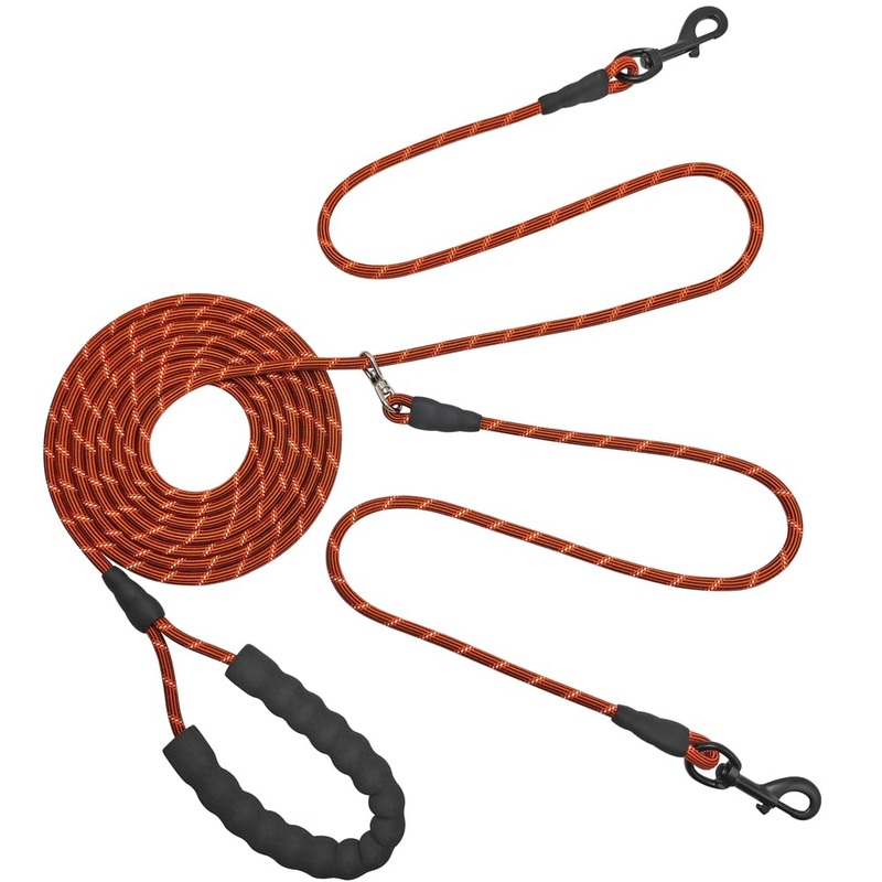 BTINESFUL 12ft/20ft/32ft Long Dog Leash for 2 Dogs, No Tangle 1/3inch Reflective Dual Dog Leash Long Lead for Medium Small Dogs, Outside Long Walking Leash for Two Dogs Playing Recall Training Main rope: 12ft x 1/3″ Orange