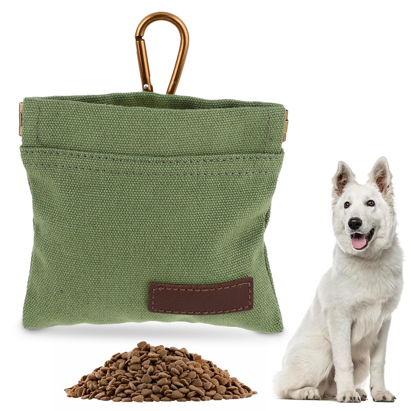 Canvas Dog Treat Pouch, Portable Puppy Dog Training Treat Pouch with Carabiner, Hands-Free Auto Closing Pet Snack Reward Pocket, for Pet Training Travel or Outdoor Use(Army Green) Army Green