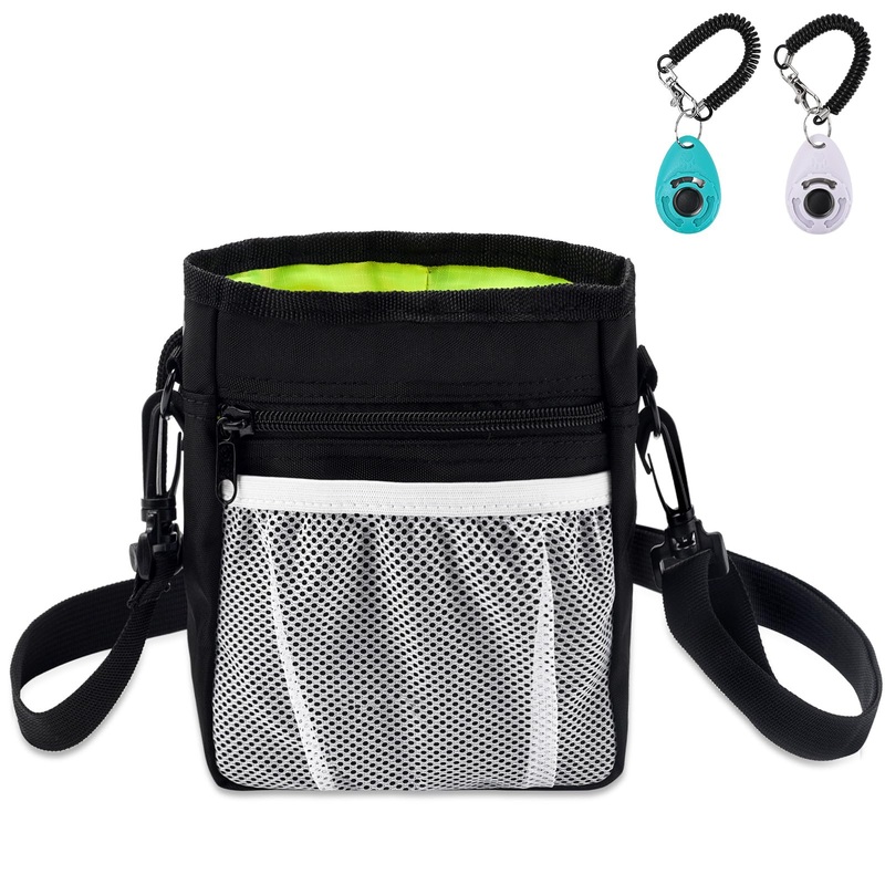 Dog Clicker Training Kit, Dog Training Treat Pouch and Dog Clickers, Dog Treat Bag with Clicker Training for Dogs, Pet Treat Bag with Waist Belt Shoulder Strap Poop Bag Dispenser – Black /w 2 Clickers 7.0×5.5×2.4 in Black Clicker Set