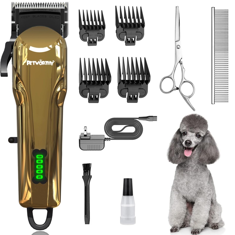 Dog Clippers for Grooming – Dog Grooming Kit for Heavy Thick Hair Coats Low Noise Dogs Shaver Clippers with Cloth Upgraded Professional Rechargeable Cordless Electric Quiet Plating Clippers Plating Gold