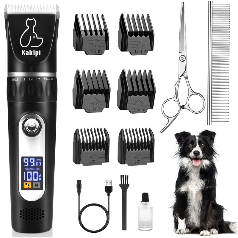 Dog Grooming Kit with LCD Display, Low Noise Dog Clippers for Grooming, Heavy Duty Dog Trimmer, Dog Grooming Supplies with Scissor, Shaver for Dogs Cats Pets, Electric Quiet Cordless Black