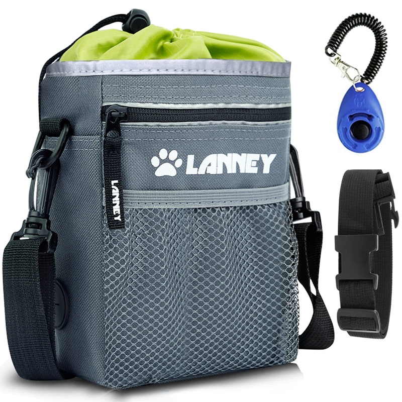 Dog Treat Pouch – 3 Ways to Wear Dog Treat Bag, Dog Training Treat Pouches for Pet Training with Clicker, Shoulder Strap, Adjustable Belt, Poop Bag Dispenser, Easily Carrying Kibble Snacks Pet Toys Pouch(Gray with Green)+Clicker