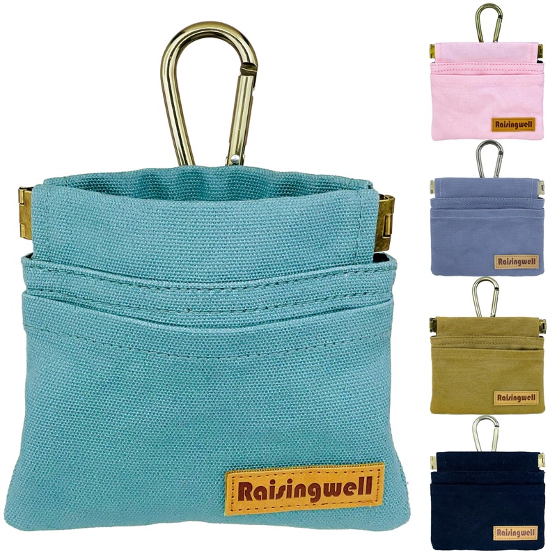 Dog Treat Pouch, Green Pocket Sized Pet Training Pouch, Cotton Fabric, Hand Free Dog Walking Bag with Carabiner, Self-Closing Pet Feed Snack Reward, for Puppy Travel or Outdoor Use