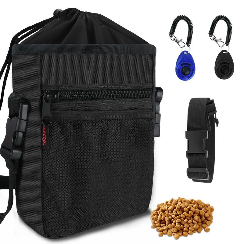 Dog Treat Pouch with 2 Pieces Pet Training Clickers Dog Training Treat Pouch-Hands-Free Design-Easily Carries Treats Pet Toys Personal Items-4 Ways to Wear Perfect for Walking or Training Black