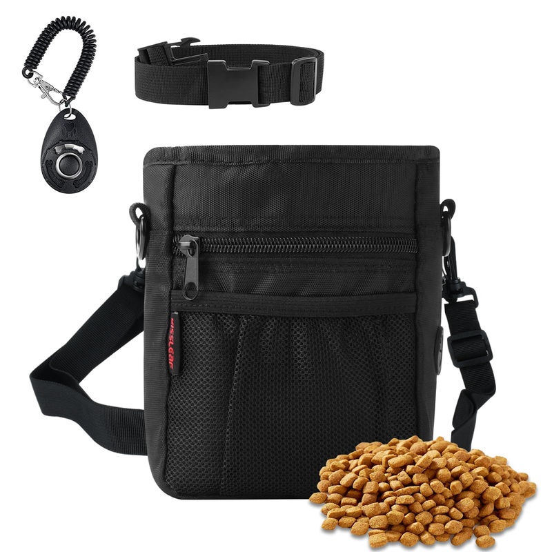 Dog Treat Pouch with Magnetic Closure, Treat Pouches for Pet Training, Large Dog Treat Training Pouch and Dog Clicker, Dog Training Treat Pouch Built-in Poop Bag Dispenser, Hands-Free Snack Black