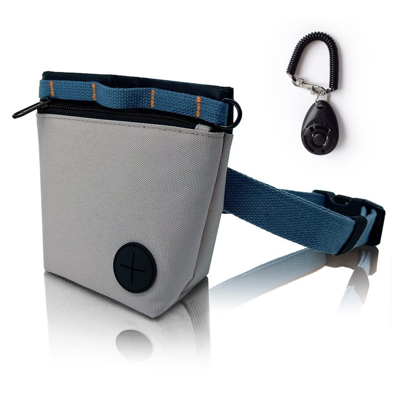 Dog Treat Pouch with Pet Training Clicker, Dog Training Treat Pouch Kit, Magnetic Closure, Hands-Free Training. (Grey) Grey