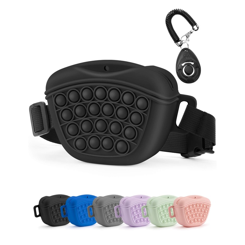 Dog Treat Pouch with Training Clicker 2.0-Upgrade Stronger Magnetic Closure to Avoid Spilling, 1.67 Cup Silicone Treat Bag Fanny Pack with Waist Belt for Pet Training Walking (Black) Black