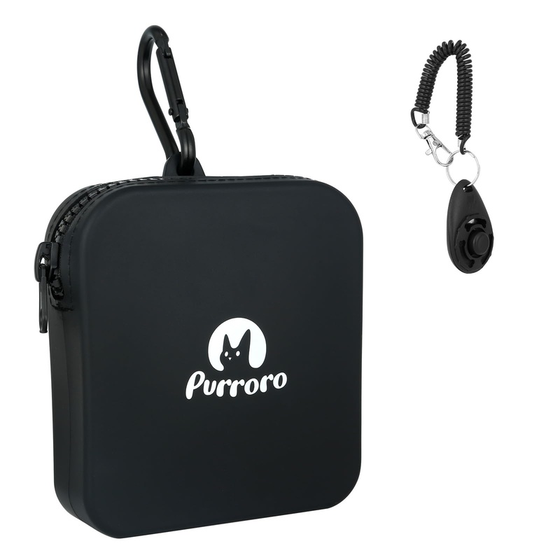 Dog Treat Pouch with Training Clicker, Portable Training Container, Silicone Treat Bag Fanny Pack with Zipper Closure and Carabiner for Pet Training Walking (Black)