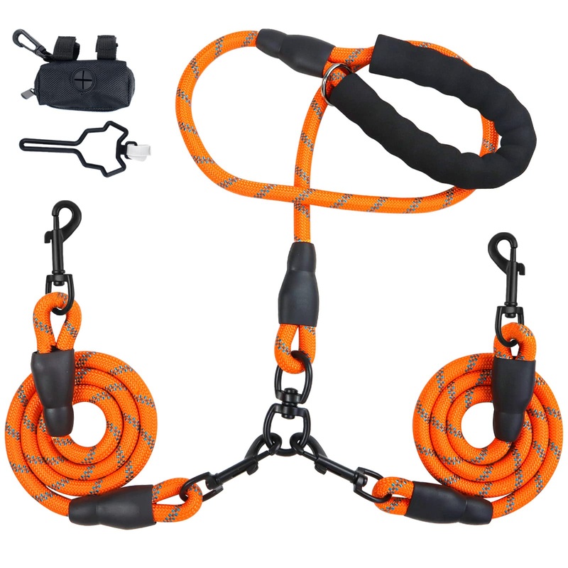 Double Dog Leash for Two Dogs, Heavy Duty Reflective Double Leashes for 2 Dogs, 360 Swivel Dual Dog Leash Tangle Free Large Dogs & Medium Dogs, with 2Pcs Dog Poop Bag Holder, Orange