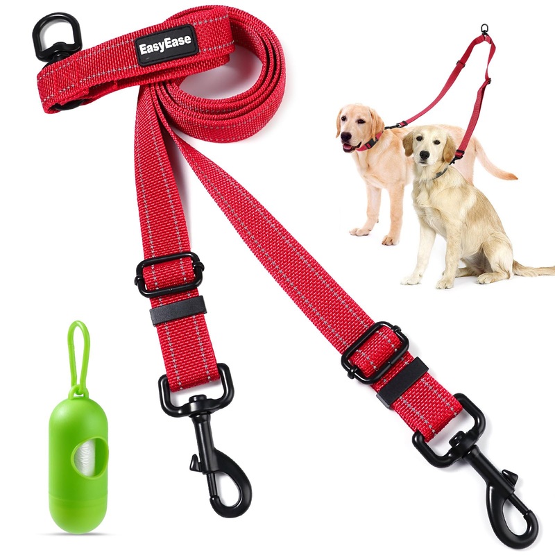 Double Dog Leash, Multifunctional Heavy Duty 360 Tangle Free Red Two Dog Leash, Adjustable Reflective Nylon Dog Lead for 2 Dogs with Reflective Strips