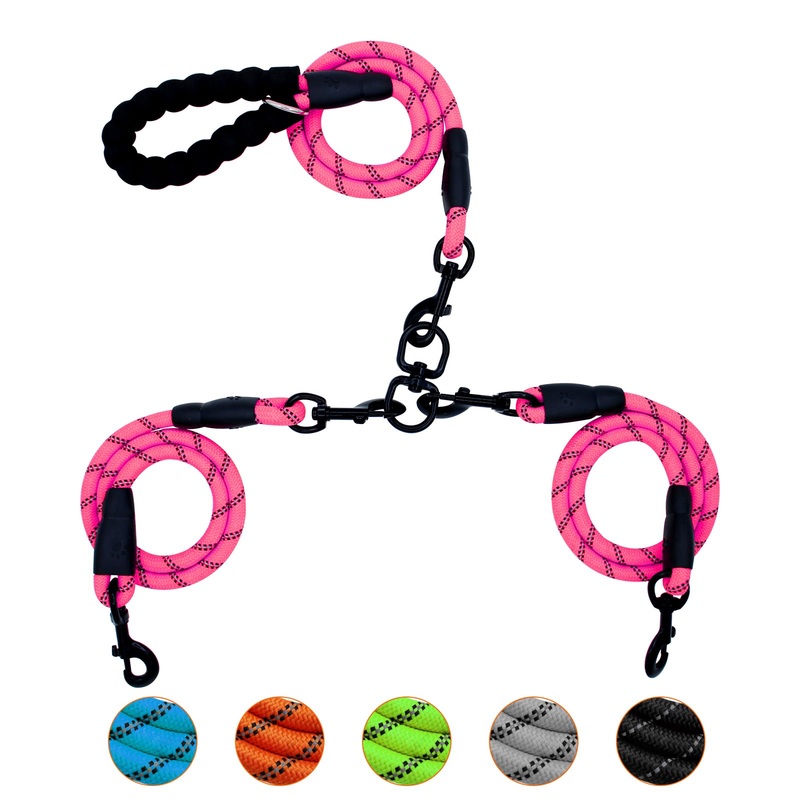 Dual Dog Leash,2 Way Dog Leash,Dog Double Leashes,360 Swivel No Tangle Walking Leash for Dual Dogs,Comfortable Tow Dog Leash with Reflective for Large Medium Small Dogs (Double Leashes, Pink)