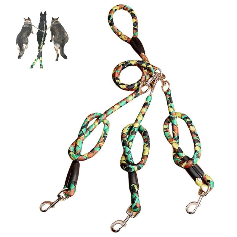 Heavy Duty 3 Way Large Dog Leash Lead Coupler for Dogs Training Walking Triple Detachable 3 in 1 Multiple Three/Two/One Dogs Leash Lease Camouflage