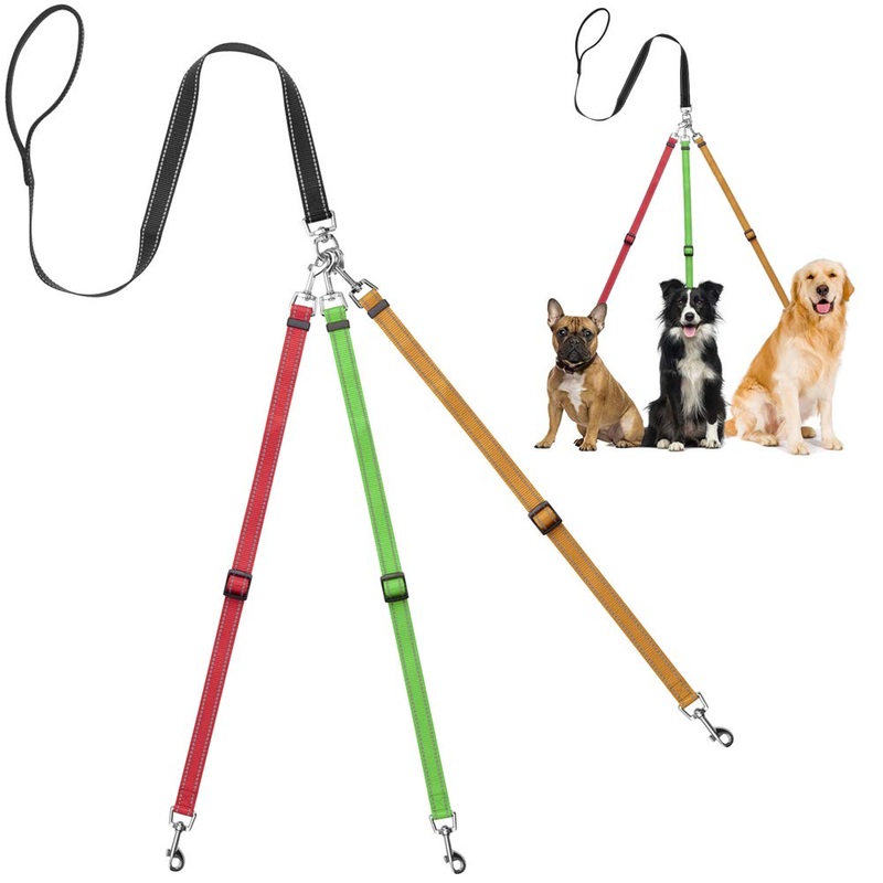 Heavy Duty Tangle Free 3/Three Way Dog Coupler Leash with Padded Handle,Reflective Triple Braid Split Lease Pet Leash for Walking 3/2/1 Medium Large Dogs Training (Muticolor) Muticolor