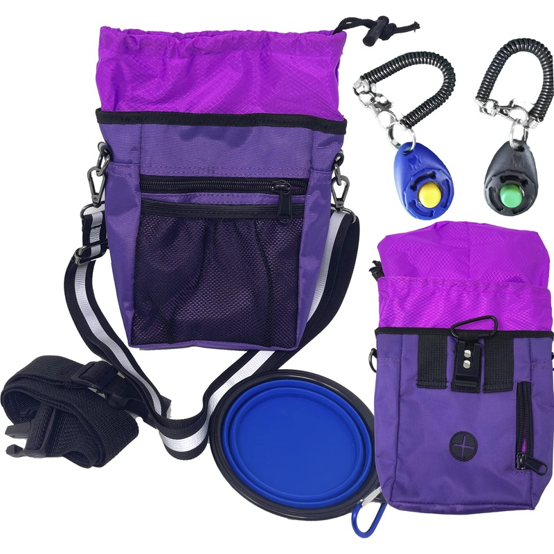 Jalousie Dog Training Pouch with Training Clicker and Water Bowl – 5 Ways to Wear – Carry Toys, Treats for Positive Reinforcement – Built-in Poop Bag Dispenser (Purple) Purple
