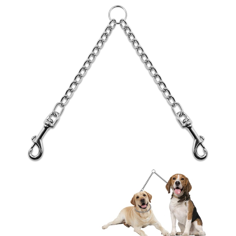 Metal Double Dog Leash Chew Proof Chain Leash 2 Way No Tangle Coupler Anti Chew Dog Leash Extension Splitter Lead for 2 Small Dogs Walking (50cm) 3.0mm*19inch(small&medium dogs)