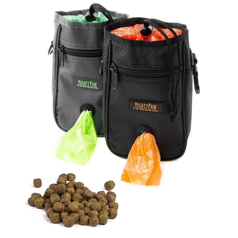Mighty Paw Dog Treat Bag – Drawstring Closure Pouch – Includes Carabiner Hook and Pick-up Bags – Paw Treat Bag – Training Treat Pouch – Dog Paw – Pet Treat Pouch – Training Treat Bag – (Grey/Green)