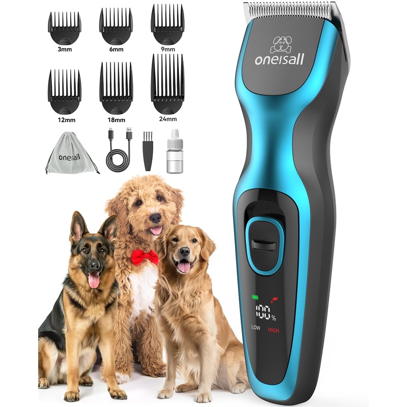oneisall Dog Clippers for Grooming 2-Speed Super Power Dog Clippers 50dB Quiet Rechargeable Cordless Dog Trimmer with Detachable Stainless Steel Blade for Small & Large Dogs with Thick Coats