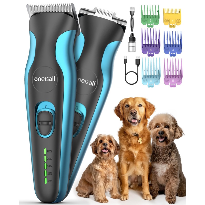 oneisall Dog Clippers for Grooming and Paw Trimmer Double Blades, Quiet Rechargeable Cordless Dog Hair Clippers with Stainless Steel Blade Dog Grooming Kit for Thick Coats Small Large Dogs, DTJ 002