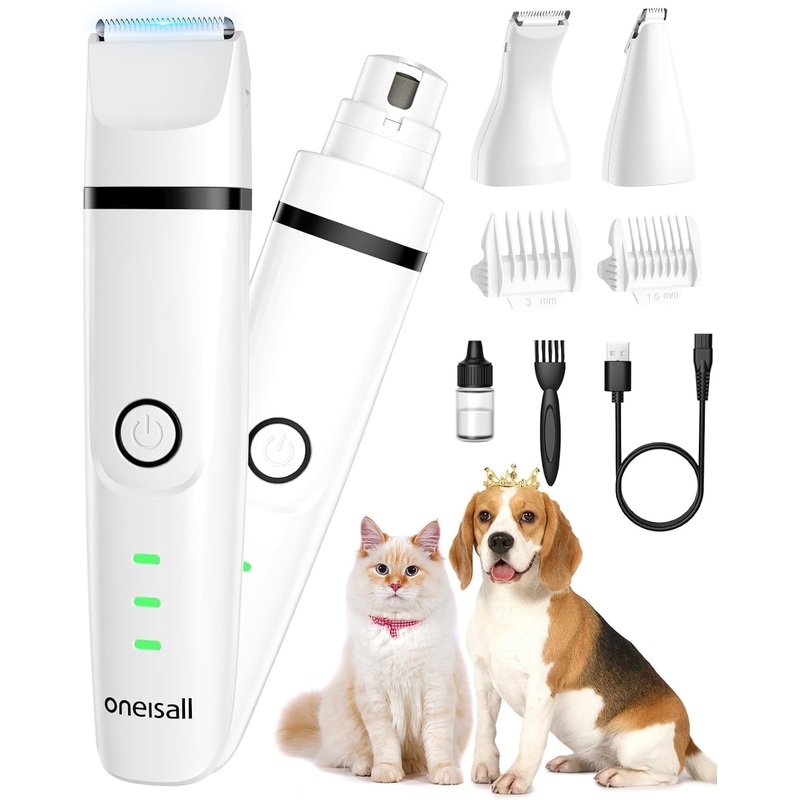 oneisall Paw Trimmer for Small Dogs Quiet, 4 in 1 Small Dog Grooming Kit, 2 Speed Dog Grooming Kit for Small Dogs, Cordless Small Dog Clippers, Quiet Dog Nail Grinder for Small Dogs(White)