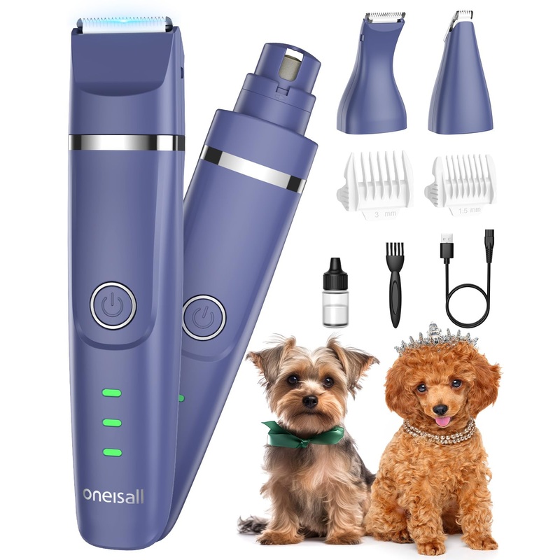 oneisall Small Dog Clippers, Quiet Cordless Dog Paw Trimmer & Nail Grinder, Dog Grooming Kit for Small Dogs with Guards, 2 Speed Dog Trimmers for Small Dogs(Blue)