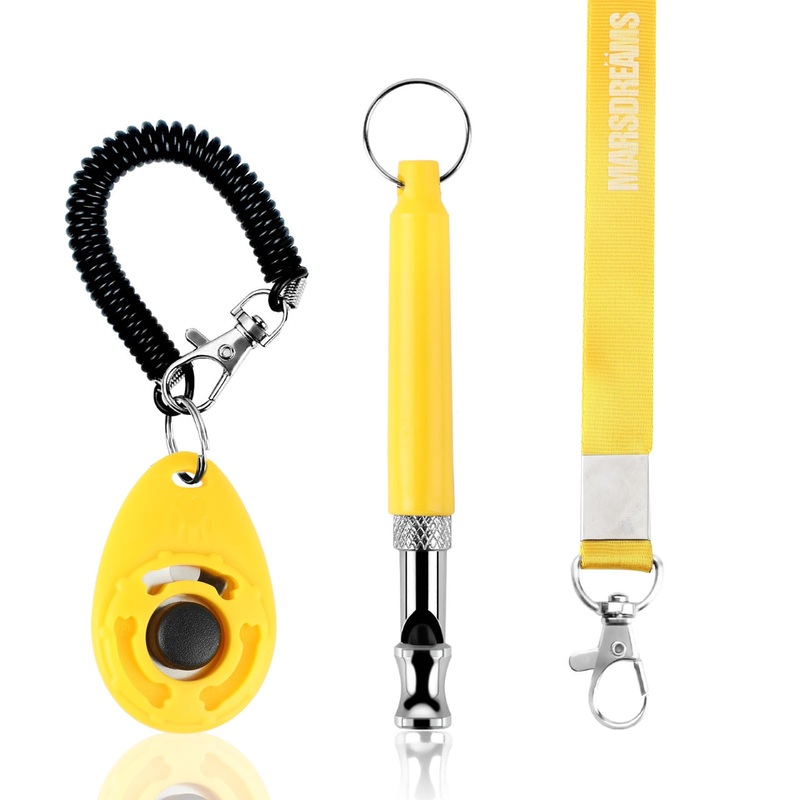 Pet Training Clicker, Whistle -Training Behaviour Aids Accessories for Puppies with Lanyard – Barking Control Device – Long Range Adjustable Frequency – Pack of 3 – Yellow (Yellow)