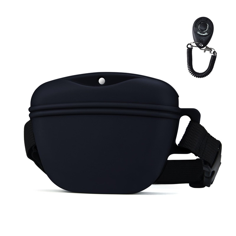 Pet Training Snack Pouch with Clicker 2.0 -Upgraded Magnetic Closure, 1.66 Cup Silicone Belt Pouch for Dog TreatsPerfect for Training & Walking. 1 PACK Black