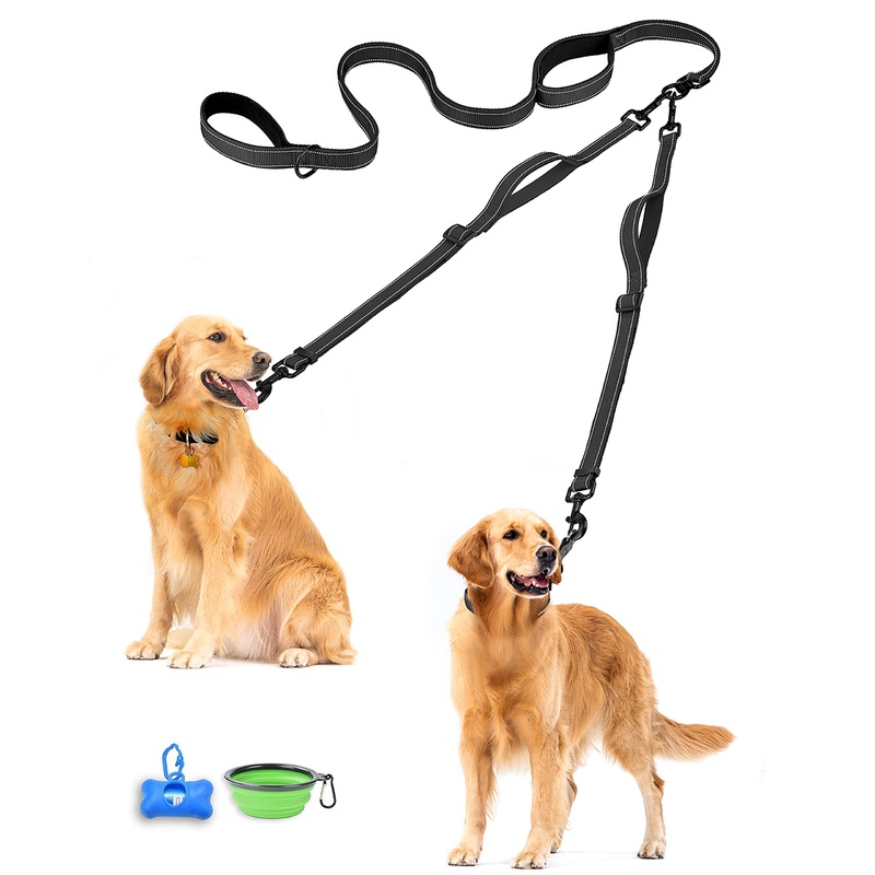 PetBonus Double Dog Leash, No Tangle Dual Dog Leash, Reflective Walking Training Leash, 4 Comfortable Padded Handles for 2 Dogs with Collapsible Bowl and Waste Bags (Black, Large) Black