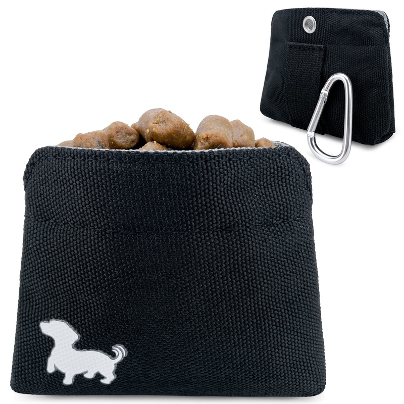 Pocket Sized Dog Treat Pouch – Treat Pouches for Pet Training – Extra Small Dog Treat Pouch with Magnetic Closure – Dog Walking Treat Bag for Dog Training – Black with Gray Interior Black with Gray Cloth