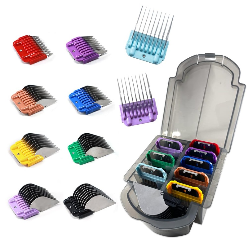 Professional Animal Stainless Steel Attachment 9 Color Guide Comb Set,Compatible with Andis, Oster A5, Wahl KM Series Clipper Detachable Blade Pet, Dog, Cat, and Horse Clippers