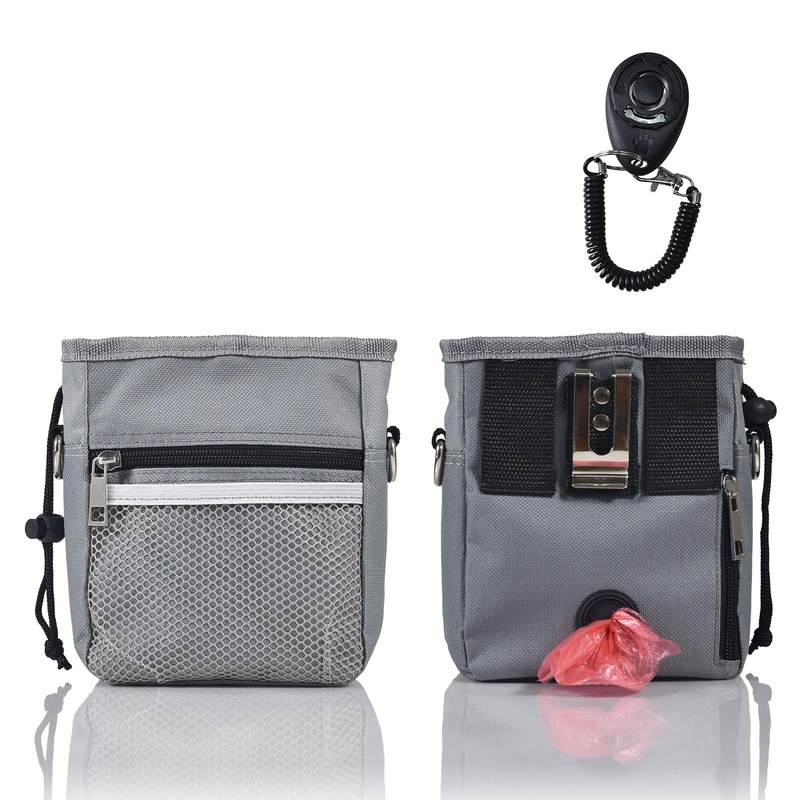 Reopet Dog Treat Pouch & Training Clicker – Waterproof Bag with Multiple Pockets, Adjustable Belt, Built-in Poop Dispenser & Hands-Free Carrying – Ideal for Walking, Outdoor Activities – Grey Grey(1 Pack)