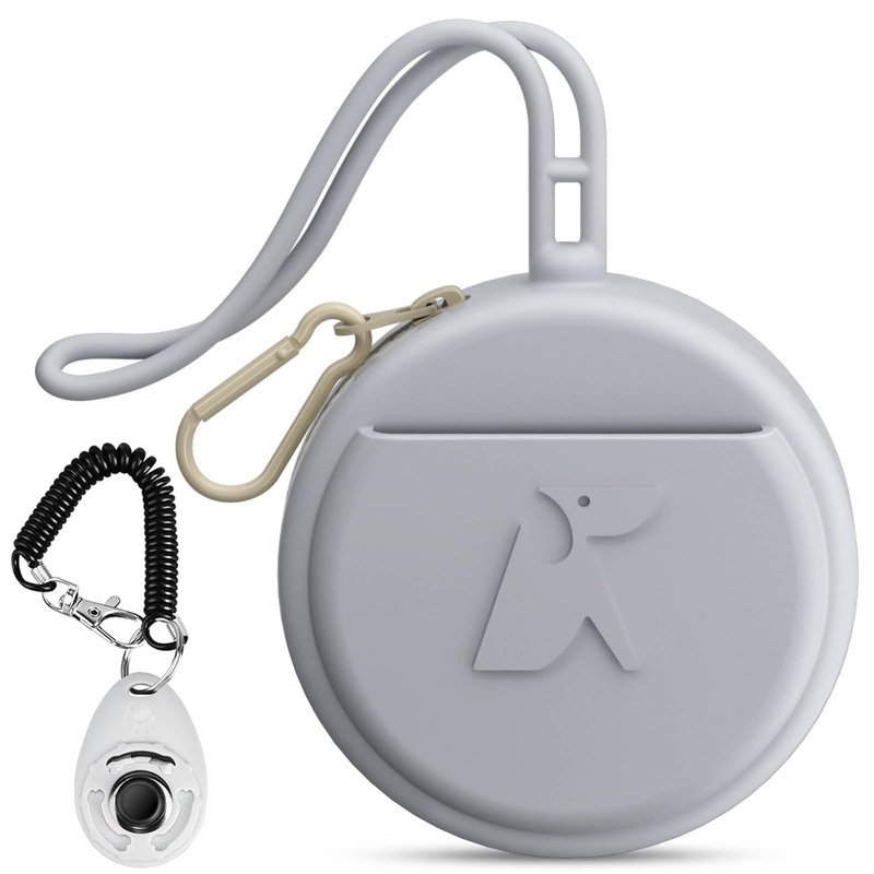 Small Silicone Dog Treat Pouch with Pet Training Clicker, Durable Metal Zipper, Integrated Strap, Mini Portable Size, Easy to Clean, Odorless, Travel Walking Bag for Leash (Grey) Grey 1PCS