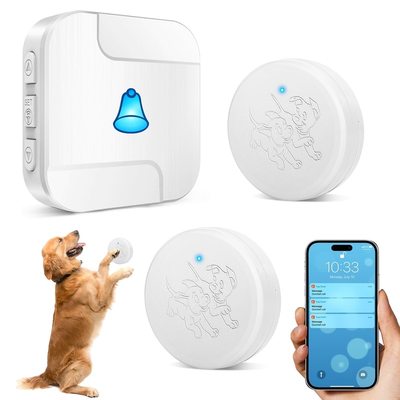 Smart Dog Bell for Potty Training Wireless Doggie Door Bell for Dog Puppy Training Sliding Door/Go Outside Doorbell and Waterproof Touch Button with Tuya 2 push button+ 1 smart receiver
