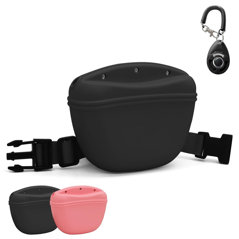 SnugMaker Dog Treat Pouch with Training Clicker, 2.76 Cup Silicone Dog Treat Bag, Dog Treat Pouches with Waist Belt for Pet Training Walking – Black