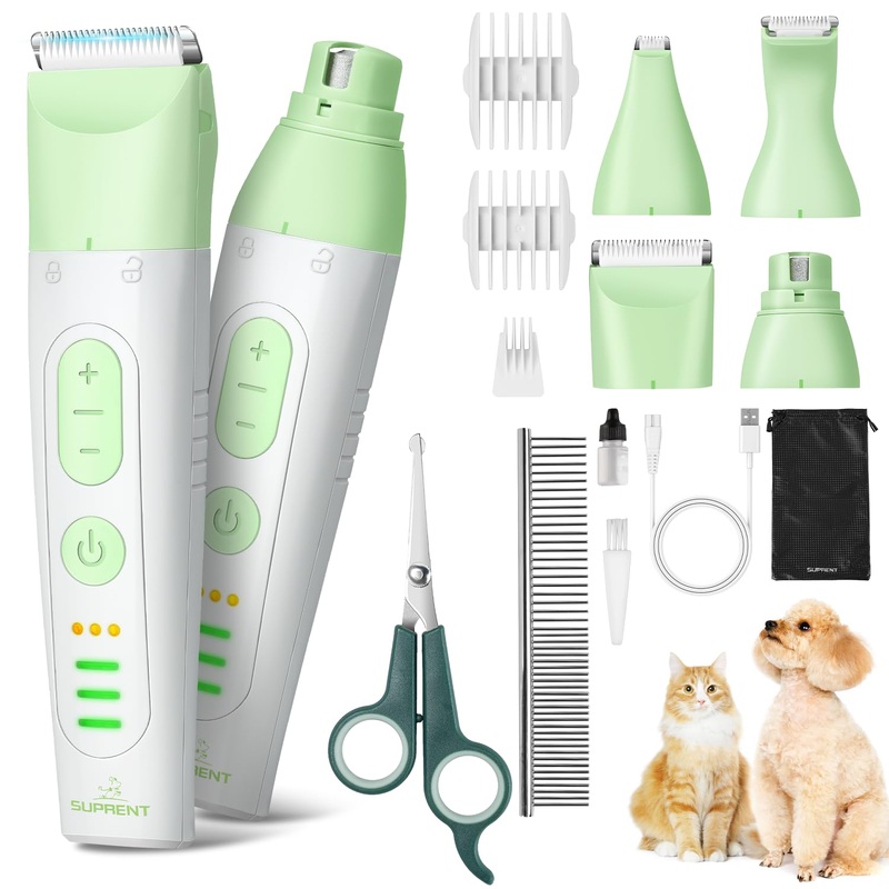 SUPRENT Dog Grooming Kit, 4 in 1 Quiet Pet Clippers for Grooming Supplies, Cordless Cat Paw Trimmer Dog Nail Grinder, Professional Long Hair Shaver Set for Cat Matted Hair and Small Dogs Thick Coats Green