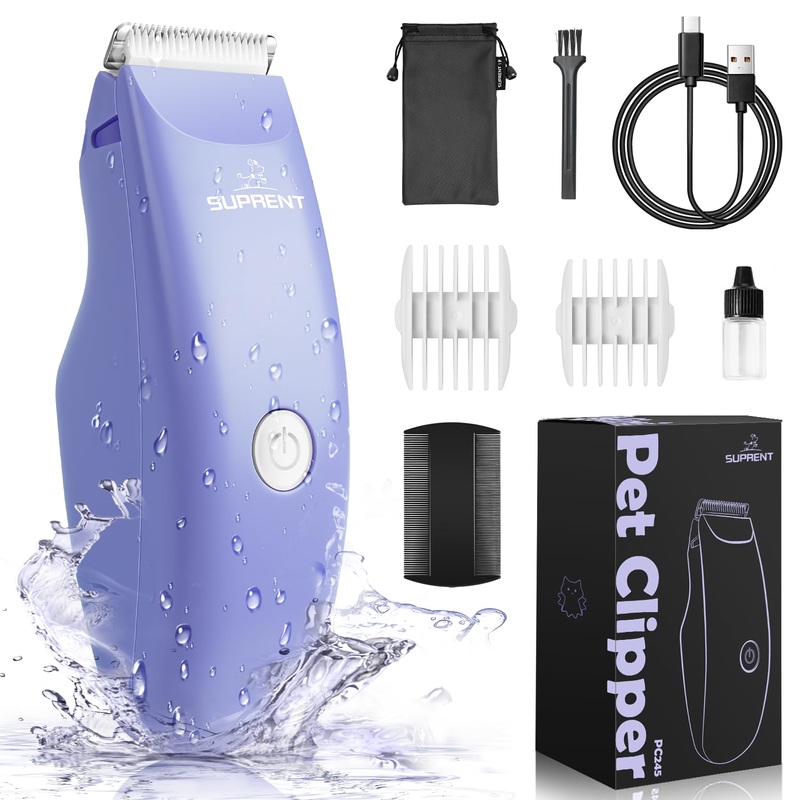 SUPRENT Pet Grooming Clippers for Matted Hair Cat, Low Noise Hair Trimmer Kit for Long Fur, Waterproof Portable USB Rechargeable Professional Pet Grooming Supplies Cordless Shaver for Small Dog Pets Purple