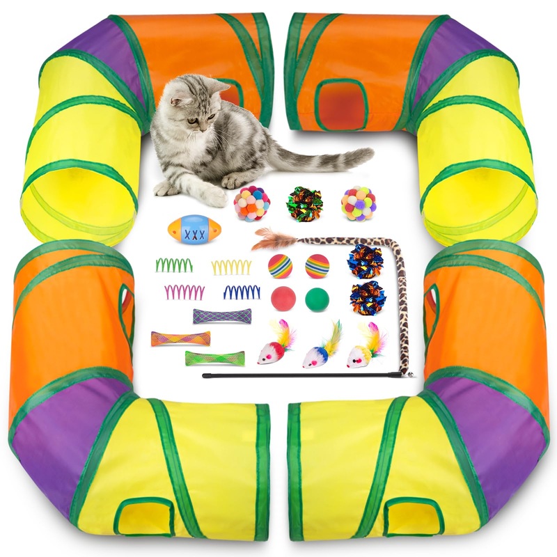 25 Pcs Cat Toys Set,Kitten Toys for Indoor Cats,Collapsible Cat Tunnel Tubes Interactive Feather Teaser Wand Toy for Kitten Cats Springs Mouse Crinkle Toys Rainbow Football Cat Ball with Bell Toy 4PCS L Shape Cat Tunnels