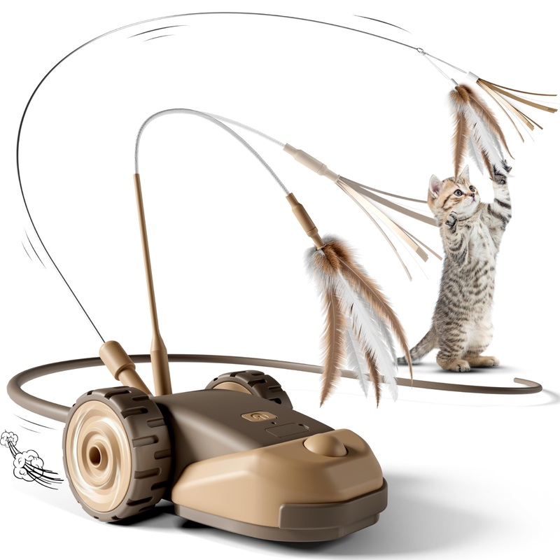 3-in-1 Interactive Cat Toy – 2-Speed Automatic Moving Mouse Cat Toys Self Play with 2pcs Hanging Feather String Ribbon and Wiggly Silicone Mice Tail for Bored Indoor Adult Cats Kittens Brown