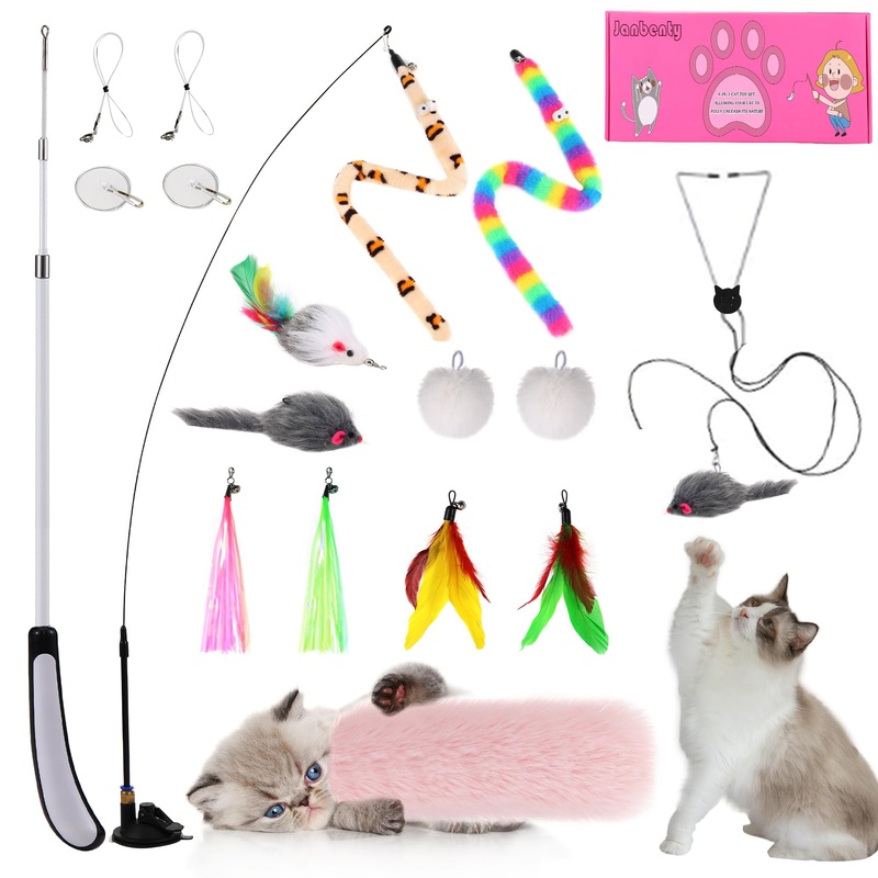 4-in-1 Interactive Cat Feather Toys Durable Retractable Fishing Pole Cat Toy Enhanced Suction Cup Cat Catnip Toy 14 Wand Replacement Door Hanging Cat String Toy for Bored Indoor kitten