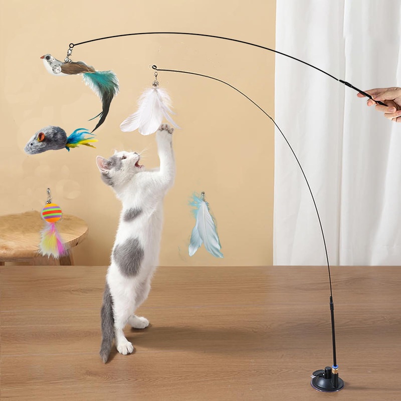 Cat Feather Toys Automatic Interactive Cat Toys Natural Bird Feather Ball Toys Suction Cup Pet Chase Movement Playing Toy Exercise cat Toys 7 Pcs Cat Toy Set for Indoor Bored Cats Gifts Pink