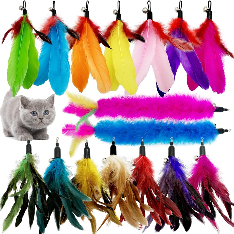 Cat Feather Toys Refill Cat Wand Replacement Feathers, 16 PCS Cat Toy Feather Refills, Cat Wand Attachments Feathers for Cat Toys 16PCS Cat Feather Toy Refills