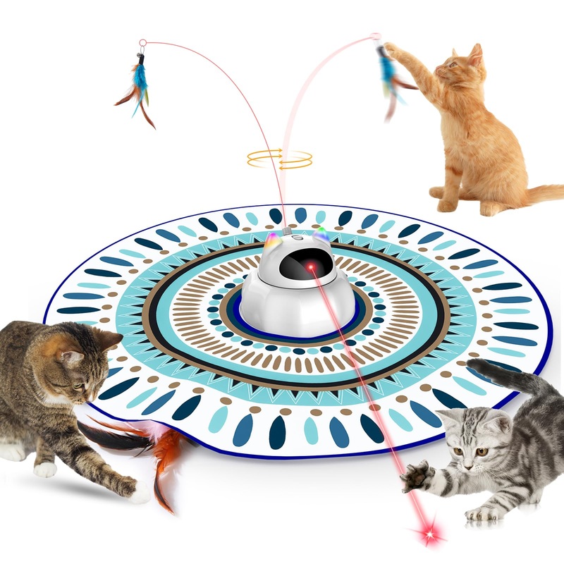 Cat Laser Toy Automatic, 4-in-1 Interactive Cat Toys for Indoor Cats, Hide and Seek Kitten Wand Toy, USB Rechargeable Electronic Kitten Toys with Moving Feather, Cover for Bored Cats All Breeds Blue Cover