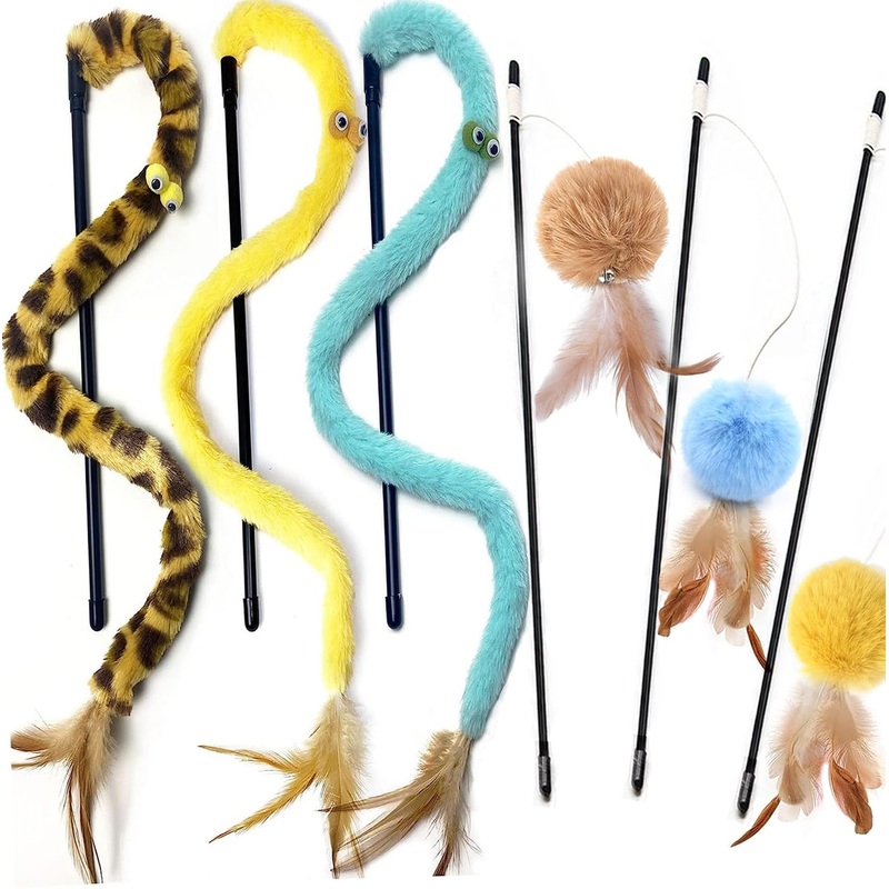 Cat Toys for Indoor Toys,Rainbow Cat Wand Toys,Feather Flips Plush Ball Cat Toys,Interactive Feather Toy for Teaser Play and Chase Exercise with Kitten 6 Pack pack 6