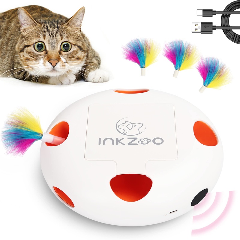 Cat Toys, Interactive Cat Toys for Indoor Cats, Ultra Fun Smart Interactive Kitten Toy, Automatic 7 Holes Mice Whack-A-Mole USB Rechargeable, 4 Pieces Feather Refills (White) White