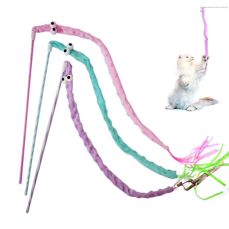 Cat Wand Toys, 3 PCS Cute Plush Snake Kitten Wands Soft Cat Teaser Wands Interactive Cat Toys for All Breed Sizes