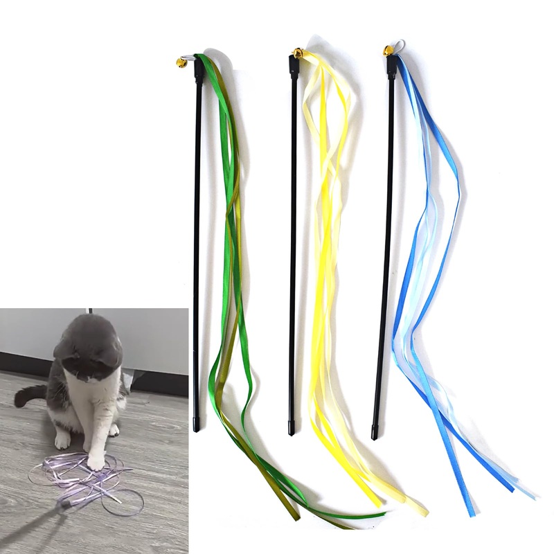 Cat Wand Toys, 3 PCS String Cat Toys Colorful Ribbon Cat Stick Interactive Cat Teaser Wand for Cat Kitten Kitty Playing Toy