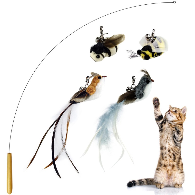 Cat Wand Toys, Interactive Cat Toys with 4 Feather Refills, 29” Flexible Steel Wire, Sturdy Wood Handle & Bell, Interactive Cat Toy Wand Kitten Toys for Indoor Cats to Play Chase Exercise Wood Handle Feather Toys4 refills