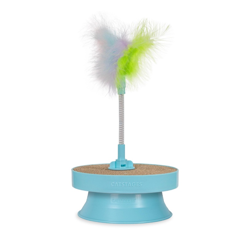 Catstages 2-in-1 Spring Toy Interactive Cat Toy and Topper for Cat Ball Track with Removable Feather Spring Toy and Corrugated Cat Scratcher, Blue Corrugated Scratcher