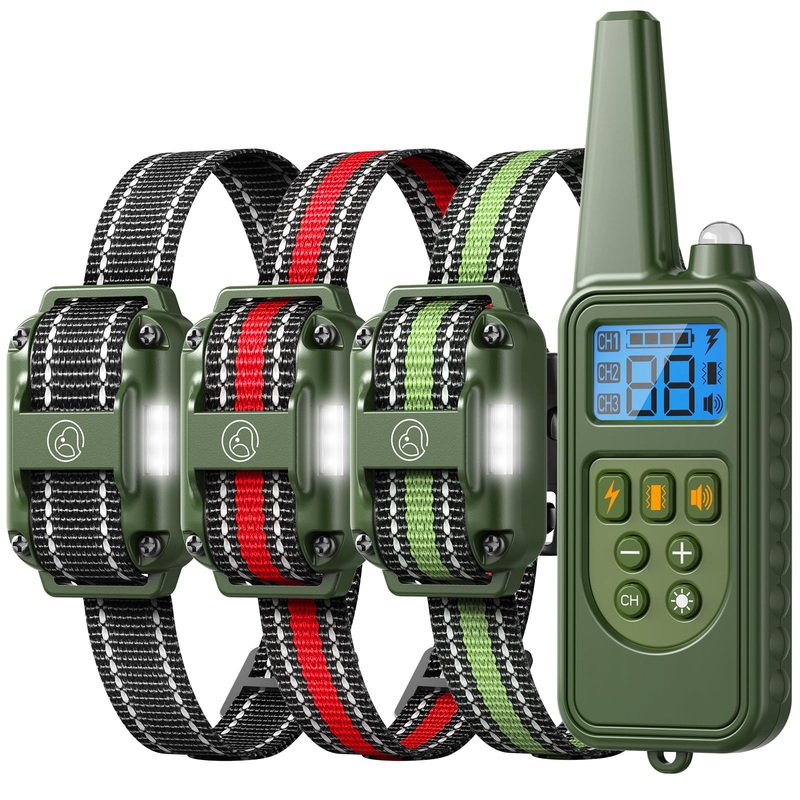 Dog Training Collar with Remote, 2600FT Range, 4 Training Modes Beep, Shake, Safe Shock, LED Light, Rechargeable IPX7 Waterproof for All Breeds Sizes, with Three Receiver Collars for 3 Dogs for 3 dogs (D8 Green)