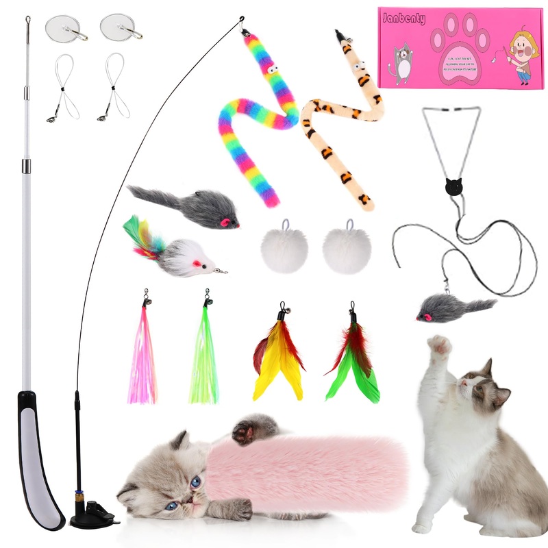 Interactive 4-in-1 Cat Feather Toy – Durable Retractable Fishing Pole Cat Toy Enhanced Suction Cup Cat Catnip Toy 14 Wand Replacement Door Hanging Cat String Toy for Bored Indoor Adult Cat