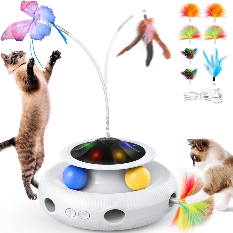 Interactive Cat Toy: 3 in 1 Automatic Interactive Kitten Toys for Indoor Cats Rechargeable with Fluttering Butterfly, Track Balls and Ambush Feather White
